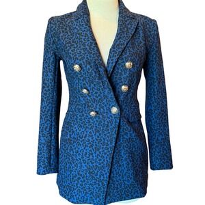 Boston Proper Leopard Print‎ Blue Double Breasted Blazer Size 2